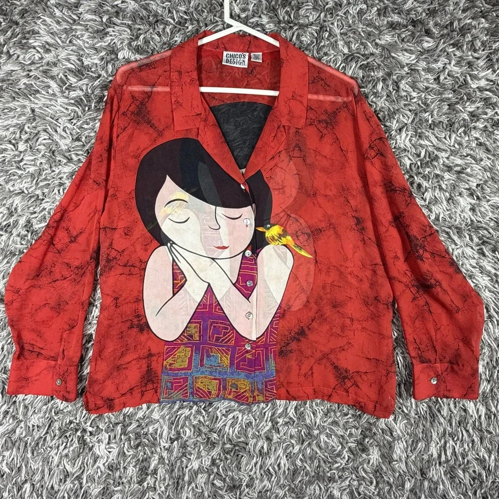 Chico's Design 100% Silk Red Artistic Girl Bird Graphic Button Down Shirt Size 3 - Picture 2 of 7